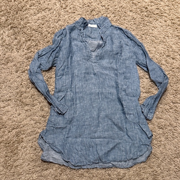 CP Shades Tops - CP Shades Blue & White Linen Stripe Shirt Dress Beach Coverup Size Small